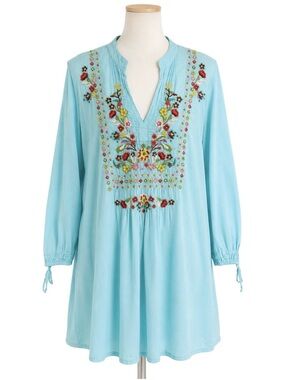 Johnny Was Light Blue Embroidered V-Neck Tunic